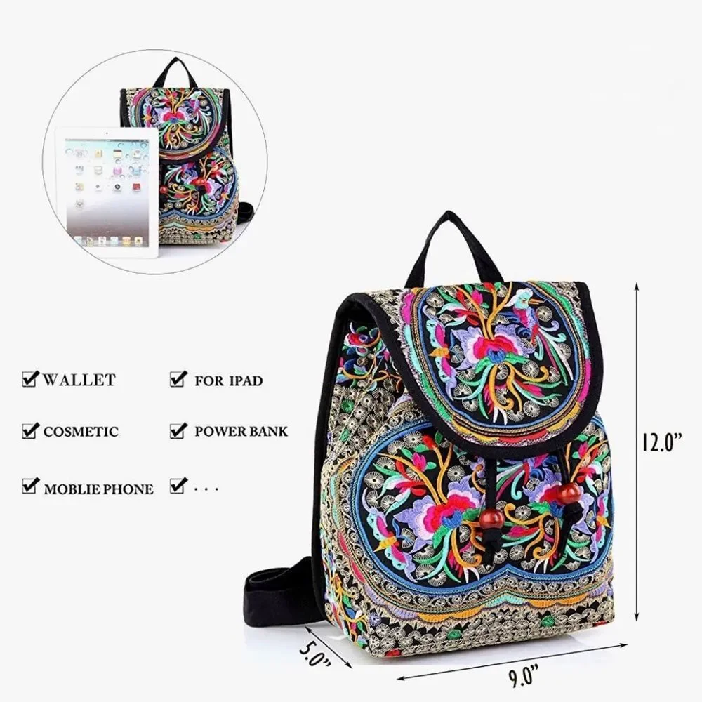 Boho Embroidered Colorful Floral Ethnic Backpack